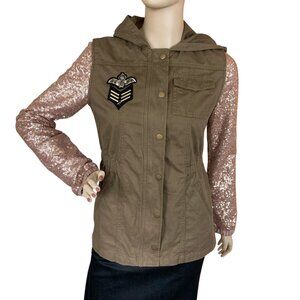 Annie Army Green Military Style Jacket Sequin Sleeves Kids XL or Womens S